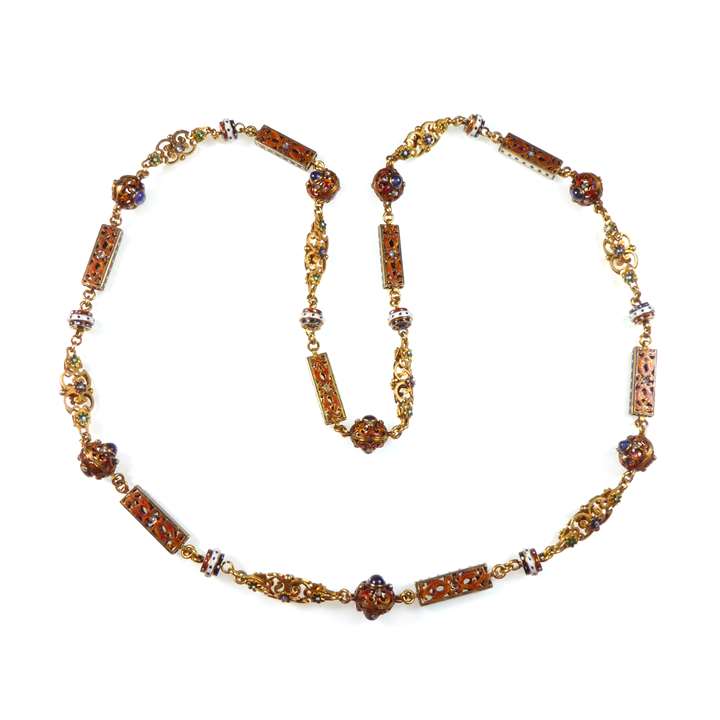 Gold, enamel and gem set renaissance revival chain necklace, of 'Holbeinesque' design,